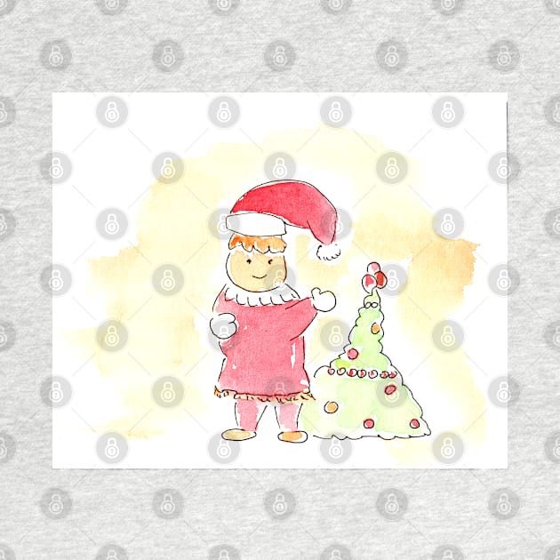 Human in Santa Claus hat near Christmas tree, character. Watercolor illustration on a winter theme, by grafinya